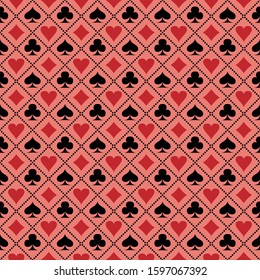 casino seamless pattern with playing cards suits. spades, clubs,diamonds and hearts signs and symbols.