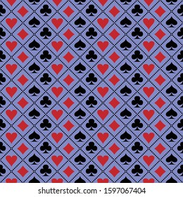 casino seamless pattern with playing cards suits. blue backdrop. spades, clubs,diamonds and hearts signs and symbols.