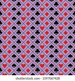 casino seamless pattern with playing cards suits. blue backdrop. spades, clubs,diamonds and hearts signs and symbols.