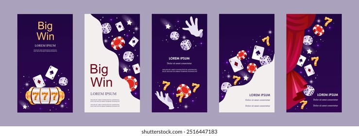 Casino set. Collection of templates for stories, flyers, posters, banners, brochures. Winning, roulette, chips and magic. Vector illustration.