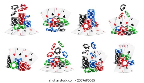 Casino set, falling chips and flying cards, heaps and stacks isolated realistic 3D icons. Vector gambling game playing tokens, stacks, poker aces clubs and diamonds, hearts and spades, online gaming