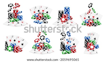 Casino set, falling chips and flying cards, heaps and stacks isolated realistic 3D icons. Vector gambling game playing tokens, stacks, poker aces clubs and diamonds, hearts and spades, online gaming