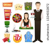 Casino. The set of game attributes, the girl and the waiter. Cartoon vector illustration.