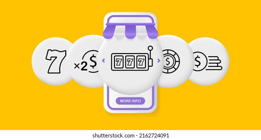 Casino set icon. Bets, slots, roulette, doubling, winning, profit, bookmaker, chips. Gamble concept. UI phone app screens with people. Vector line icon for Business and Advertising