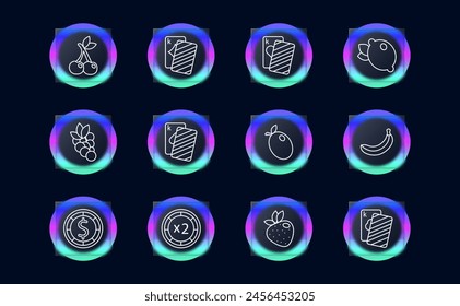 Casino set icon. Cards, suits, fruits, win, doubling, money, king, diamond, hearts, spades, banana, risks, excitement, ardor, passion, lemon, cherry, strawberry, glassmorphism. Gambling concept.