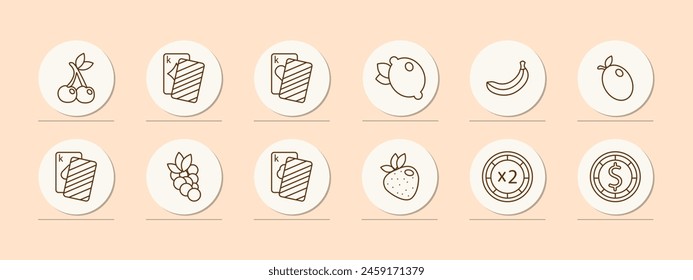 Casino set icon. Cards, suits, fruits, win, bet, doubling, chip, money, king, diamond, hearts, spades, banana, risks, excitement, ardor, lemon, cherry, strawberry, dollar, stake. Gambling concept.