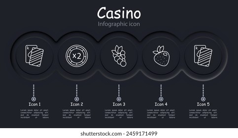 Casino set icon. Cards, suits, fruits, win, bet, doubling, chip, money, king, gain, grapes, risks, excitement, ardor, strawberry, dollar, stake. Gambling concept.