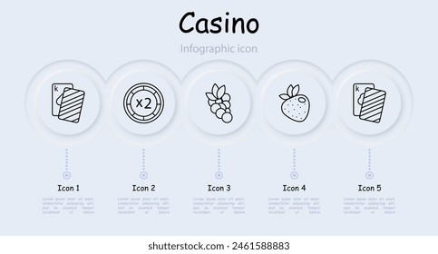 Casino set icon. Cards, suits, fruits, win, bet, doubling, chip, money, king, gain, grapes, risks, excitement, ardor, strawberry, dollar, stake. Gambling concept.