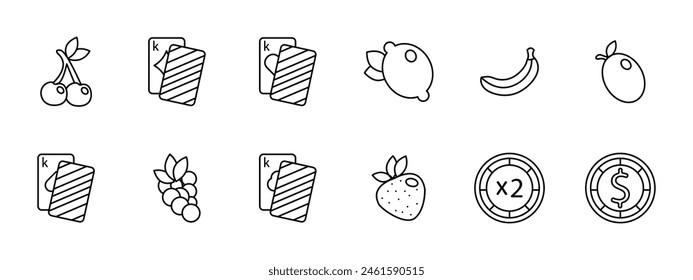 Casino set icon. Cards, suits, fruits, win, bet, doubling, chip, money, king, diamond, hearts, spades, banana, risks, excitement, ardor, lemon, cherry, strawberry, dollar, stake. Gambling concept.