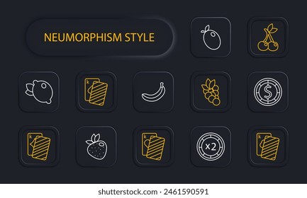 Casino set icon. Cards, suits, fruits, win, bet, doubling, chip, money, king, diamond, hearts, spades, banana, risks, neomorphism, ardor, lemon, cherry, strawberry, dollar, stake. Gambling concept.