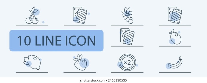 Casino set icon. Cards, suits, fruits, win, bet, doubling, chip, money, king, diamond, hearts, spades, banana, risks, excitement, ardor, lemon, cherry, strawberry, dollar, stake. Gambling concept.