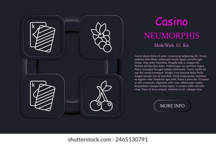 Casino set icon. Cards, suits, fruits, win, bet, doubling, chip, money, grapes, cherries, king, gain, risks, excitement, ardor, neomorphism, dollar, stake. Gambling concept.