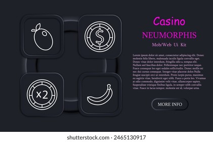 Casino set icon. Cards, suits, fruits, win, bet, doubling, chip, money, banana, lemon, king, gain, risks, excitement, ardor, neomorphism, dollar, stake. Gambling concept.