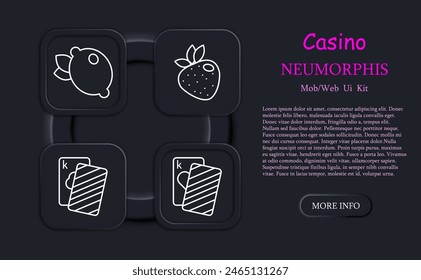 Casino set icon. Cards, suits, fruits, win, bet, doubling, chip, money, strawberry, lemon, king, gain, risks, excitement, ardor, neomorphism, dollar, stake. Gambling concept.