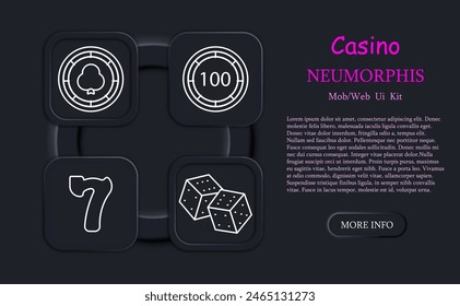 Casino set icon. Cards, suits, fruits, win, bet, doubling, chip, money, 100, gain, cubes, risks, excitement, ardor, neomorphism, dollar, stake. Gambling concept.