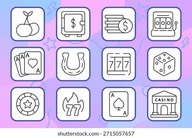 Casino set icon. Cherry, safe, coins, slot, cards, horseshoe, dice, chip, fire 777, spade, building. Gambling, fortune, entertainment, betting.