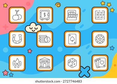 Ícone do conjunto de cassino. Cereja, seguro, máquina de fenda, ferradura, pilha de moedas, ás, chip, dados, jackpot, construção, jogar cartas. Jogos de azar, sorte, entretenimento, jogo, dinheiro.