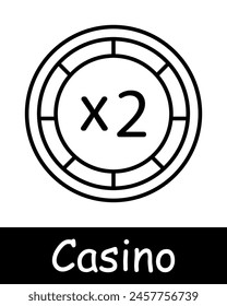 Casino set icon. Coin, check, win, bet, doubling, chip, money, x2, raising bets, risks, excitement, ardor, passion, black lines on white background. Gambling concept.