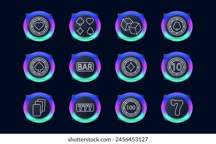 Casino set icon. Coin, chip, bet, card suits, dice, spades, diamonds, hearts, crosses, dibs, 777, cards, win, stake, risks, excitement, ardor, passion, doubling, glassmorphism. Gambling concept.