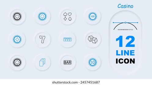 Casino set icon. Coin, chip, bet, card suits, dice, spades, diamonds, hearts, crosses, dibs, 777, cards, win, stake, risks, excitement, ardor, passion, doubling, neomorphism. Gambling concept.