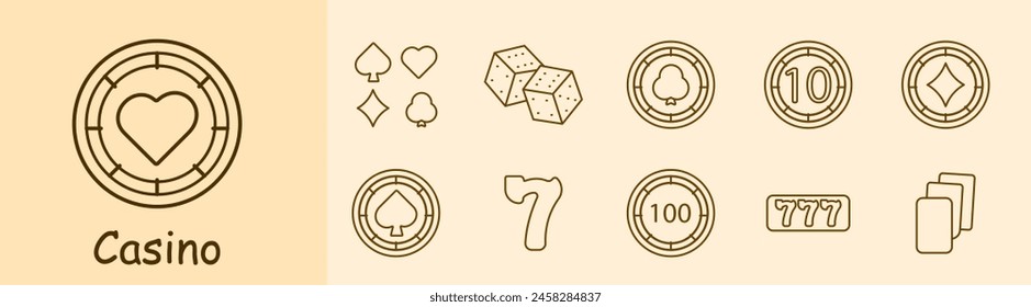 Casino set icon. Coin, chip, bet, card suits, dice, spades, diamonds, hearts, crosses, dibs, 777, cards, win, stake, risks, excitement, ardor, passion, doubling. Gambling concept.