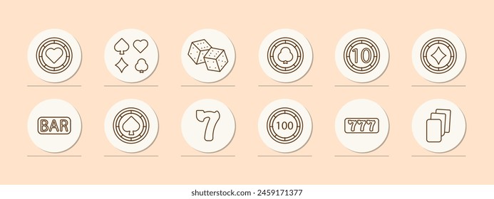 Casino set icon. Coin, chip, bet, card suits, dice, spades, diamonds, hearts, crosses, dibs, 777, cards, win, stake, risks, excitement, ardor, passion, doubling, bar, shuffling. Gambling concept.