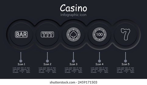 Icono de juego de casino. Moneda, ficha, apuesta, cartas, dados, picas, diamantes, dibs, 777, cartas, ganar, apuesta, riesgos, emoción, ardor, infografía, neomorfismo, doblar, barra, barajar. Concepto de juego.