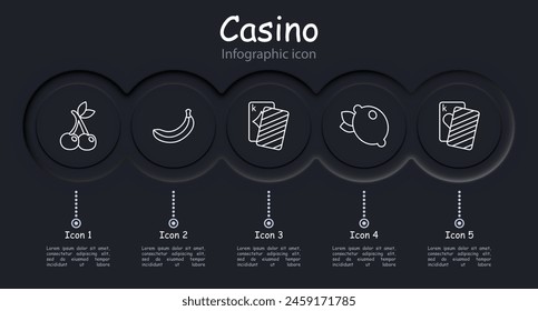 Casino set icon. Coin, chip, bet, card suits, dice, spades, diamonds, dibs, 777, cards, win, stake, risks, excitement, ardor, infographic, neomorphism, doubling, bar, shuffling. Gambling concept.