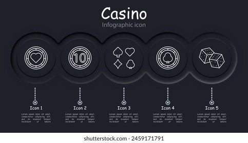 Icono de juego de casino. Moneda, ficha, apuesta, cartas, dados, picas, infografía, corazones, cruces, puntos, 777, cartas, ganar, apuesta, riesgos, emoción, ardor, pasión, doblar, barra, barajar. Concepto de juego.