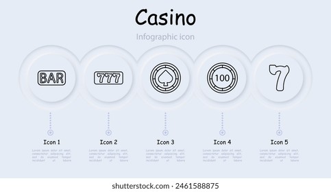 Casino set icon. Coin, chip, bet, card suits, dice, spades, diamonds, dibs, 777, cards, win, stake, risks, excitement, ardor, infographic, neomorphism, doubling, bar, shuffling. Gambling concept.