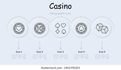 Casino set icon. Coin, chip, bet, card suits, dice, spades, infographic, hearts, crosses, dibs, 777, cards, win, stake, risks, excitement, ardor, passion, doubling, bar, shuffling. Gambling concept.