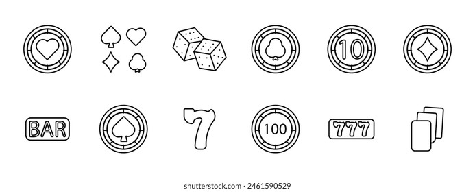 Casino set icon. Coin, chip, bet, card suits, dice, spades, diamonds, hearts, crosses, dibs, 777, cards, win, stake, risks, excitement, ardor, passion, doubling, bar, shuffling. Gambling concept.