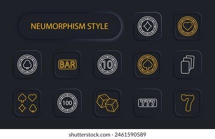 Casino set icon. Coin, chip, bet, card suits, dice, spades, diamonds, hearts, crosses, dibs, 777, cards, win, stake, risks, excitement, ardor, neomorphism, doubling, bar, shuffling. Gambling concept.