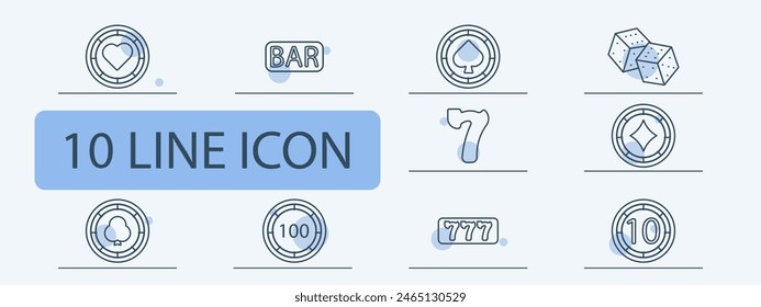 Casino set icon. Coin, chip, bet, card suits, dice, spades, diamonds, hearts, crosses, dibs, 777, cards, win, stake, risks, excitement, ardor, passion, doubling, bar, shuffling. Gambling concept.