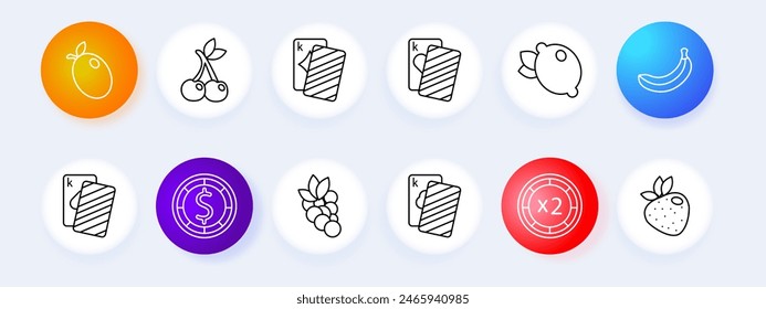 Casino set icon. Coin, chip, bet, card suits, dice, spades, diamonds, hearts, crosses, dibs, 777, cards, win, stake, risks, excitement, ardor, passion, doubling, bar, shuffling. Gambling concept.