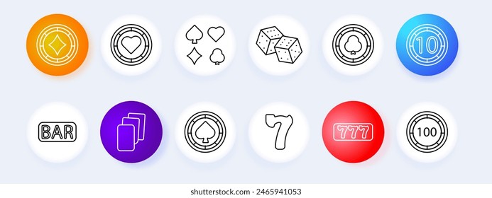 Casino set icon. Coin, chip, bet, card suits, dice, spades, diamonds, hearts, crosses, dibs, 777, cards, win, stake, risks, excitement, ardor, passion, doubling, bar, shuffling. Gambling concept.