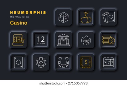 Casino set icon. Dice, chips, slot, cards, safe, cherry, horseshoe, flame, spade, token, table, building in outlined neumorphic gambling style.