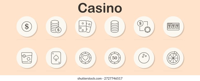 Casino-Set-Symbol. Dollar, Chip-Stapel, Würfel, Token-Stapel, Münze mit Pfeil, Würfel-Tasche, Glas trinken, Pik-Karte, Herz-Chip, fünfzig Chip, Taste, Roulette-Rad im linearen Casino-Stil.