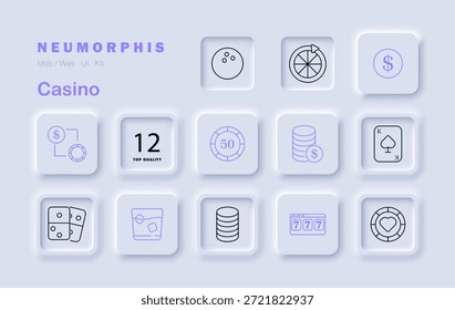 Casino-Set-Symbol. Inklusive Roulette, Chips, Würfel, Dollarzeichen, Karten, Getränk, Herzmarke, Spielautomat, Spinnrad, Stapel, Glas, Kreisbewegung, Nummernschild