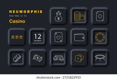 Ícone do conjunto de cassino. Elementos neumórficos mostrando cartões, fichas, carteira, dados, slot machine, moeda, fichas, roda, saco de dinheiro e símbolos de interface de jogo
