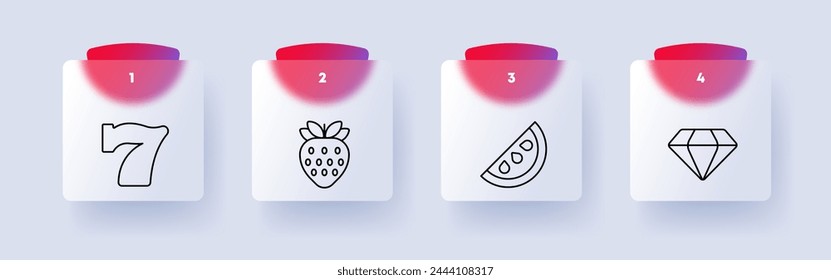 Casino set icon. Seven, strawberry, watermelon, seeds, leaves, diamond, bet, win, loss, victory, excitement, slot machine, chips, bet, numbering. Gambling concept. Glassmorphism style.