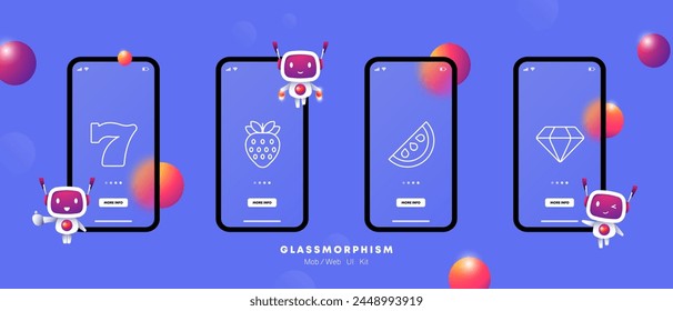 Casino set icon. Seven, strawberry, watermelon, seeds, leaves, diamond, bet, win, loss, victory, excitement, slot machine, chips, bet, gradient. Gambling concept. Glassmorphism style.