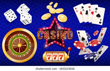 Casino, set of illustrations, dice, cards, casino chips, roulette, slot machine. vector illustration