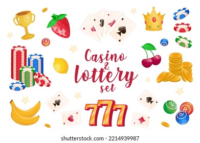 Casino set with isolated elements in flat cartoon design.