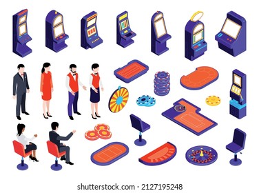 Casino set with isometric slot machines tables for playing cards chips characters of croupier and players club interior elements isolated 3d vector illustration