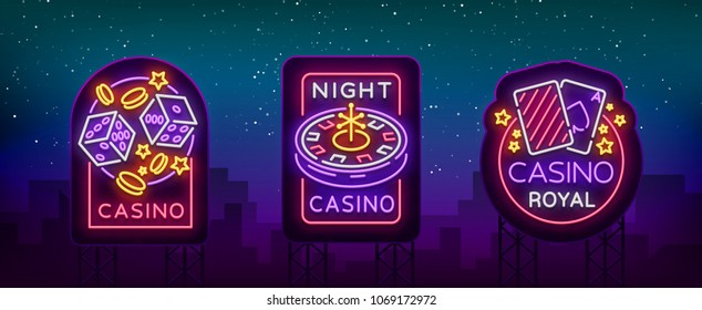 Casino is a set of neon signs. Collection of neon logos slot machine gambling emblem, the bright banner neon casino for your projects. Night light billboard, design element. Vector illustration