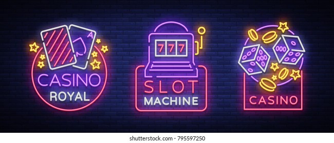 Casino is a set of neon signs. Collection of neon logos slot machine gambling emblem, the bright banner neon casino for your projects. Night light billboard, design element. Vector illustration