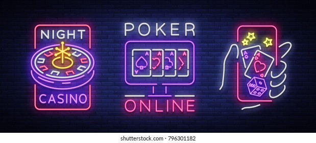 Casino is a set of neon signs. Logo collection in neon style, luminous banner, bright neon advertising online poker, gambling, casino for your projects. Play money online. Vector illustration