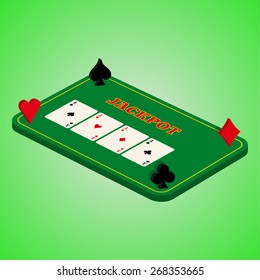Casino set on a green background. Game table with a combination of cards. Four of a Kind. Vector illustration for your design. Poster, advertising, sign board. Isometric. Jackpot.  