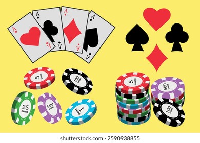 Casino set with playing cards and colorful poker chips on yellow background